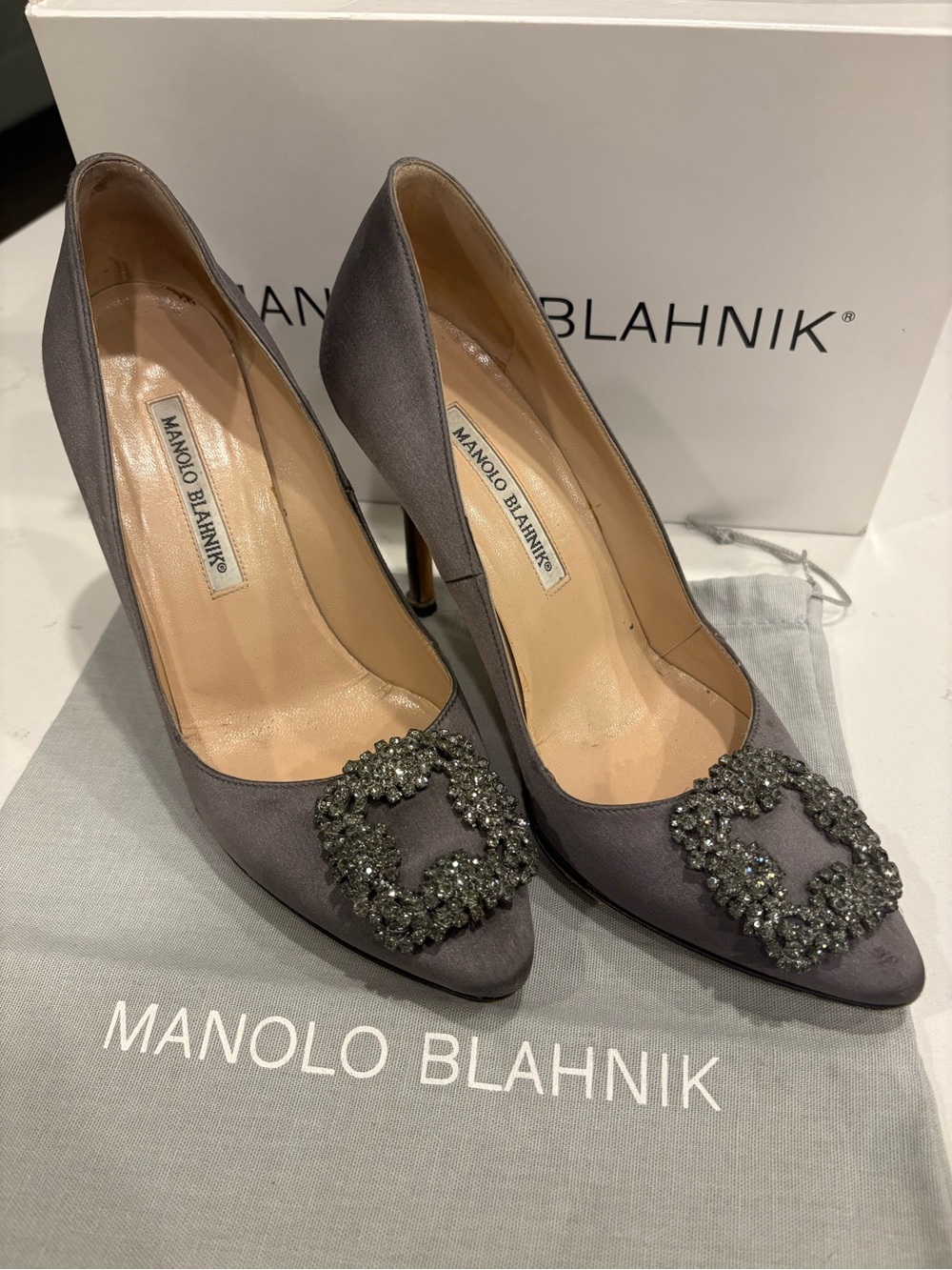 Manolo Blahnik Gray Satin Crystal-Buckle Pointed Pumps